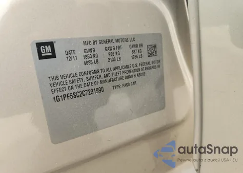 2012 Chevrolet Cruze Lt from USA, damaged, VIN 1G1PF5SC2C7231990